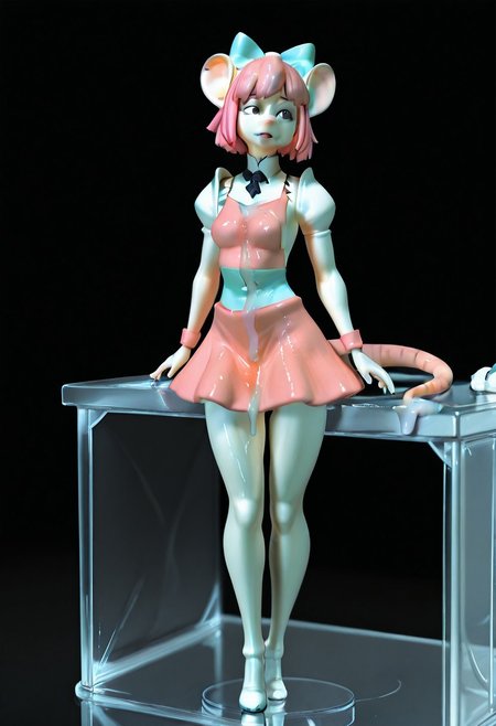 solo, erofigure_bukkake, figma, figure, pvc,plastic , natural light, full body, 3d,realistic,huge desk, size difference, black background, Maidrat, pink hair, anthro, rat