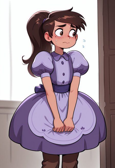 masterpiece, best quality, very aesthetic, absurdres, 1 boy, solo, Marco_Diaz, brown skin, brown eyes, brown hair, long hair, ponytail,  purple dress, short sleeves, puffy sleeves, brown pants,  standing, nervous, blushed,  mole under one eye, <lora:Smooth_Booster_v2:0.25>,  <lora:Marco_Diaz_SVTFOE__Illustrious:1>,  <lora:HerrscherAGGA2025_COLIG_ST-IL_V2:1>