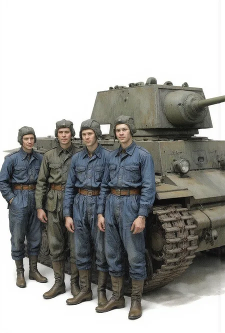 <lora:Inkquaria:1.2> Inkquaria,   <lora:kv1:0.8>,kv1,<lora:soviet-tank-crew:0.8> soviet-tank-crew,
nkquaria.  watercolor painting of a soviet soldier.Four Soviet tank crew members wearing tank crew helmets and blue jumpsuits stand next to the tank and smile.