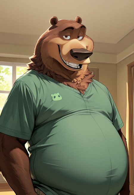 masterpiece, best quality, amazing quality, very aesthetic, absurdres, newest,  high quality, detailed, Boog, mature male, brown eyes, chubby, animal ears, bear, brown bear, anthro, belly, indoors, green shirt, modern living room, standing, half body, smiling, looking at viewer