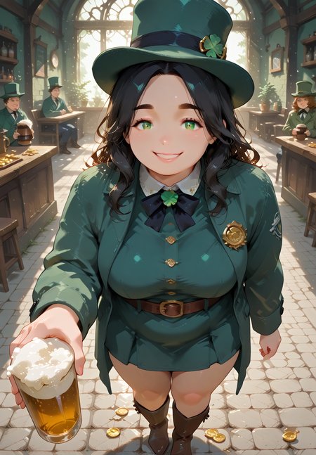 IllusP0s, PonyScores7, source_anime, ah1, IllustriousQual, interesting, exciting, spectacular, wonderful, amazing quality, absolutely eye-catching, 
BREAK <lora:xl_more_art-full_v1:0.2>, <lora:aesthetic_anime_v1s:0.2>, <lora:EpicF4nta5yXL:0.2>, <lora:detailxl:0.2>, detailxl, <lora:Fant5yP0ny:0.2>, amazing quality, best aesthetic, absurdres, illustration, Volumetric_Lighting, ultra-detailed, very aesthetic, intricate details, best_quality, <lora:Add_Details_v1.2:0.4>, <lora:quality_modifiers_masterpieces_v1:0.2>, <lora:ZootPonyAnime_V1_r2:0.2>, <lora:Bestifacator2:0.2>,
BREAK ((Extending a hand to reveal a hidden, grotesque secret)),
BREAK Stable_Yogis_PDXL_Positives, AS-Adult, <lora:Complicated fantasy portrait - XL Pony V2.0:0.2>, bad-hands-5, <lora:HDA_Detailer:0.3>, <lora:natsumi_style:0.5>, <lora:by_usakun-pony:0.4>, by usakun, <lora:Akina_Bbw_Style_-_PonyXL:0.2>, AkinBw, ((head out of frame)),
BREAK 1girl, mature female, (curvy), round-chin, caucasian, <lora:ETO_OC_Illustrius:0.5>, eto_oc, skindentation, (plump), thick thighs, wide hips, busty, voluptuous, <lora:venus body PonyXL:0.3>, <lora:shinyskin2:0.2>, glistening skin, HDA_FatGirlXL, round ass, large breasts, <lora:plussizegirls_IL:0.3>, <lora:plussizegirls_pony:0.3>, <lora:perfection style:0.2>, perfection style, perfection, 
BREAK ((<lora:ShamrockWorld_IXL:0.2>, shamrockworld, clover, four-leaf clover, cup, green theme, bow, holding pint of beer, jewelry, <lora:illustrious_Leprechaun:0.2>, illustrious Leprechaun, green hat, belt, brown footwear, green dress, top hat, buttons, gold coins, boots, green headwear, green coat)),
BREAK (curly hair), long hair, (black hair:1.4), (parted hair:1.7), messy hair, kinky curls, <lora:hairdetailpxl:0.2>, hairdetailpxl,
BREAK (half green and brown eyes), (colorful eyes), (multicolored eyes), (downturned eyes:1.4), expressive eyes, <lora:perfect-eyes:0.4> perfecteyes , EyesHD, (round face:1.2), (thick eyebrows:1.3), (plump face), <lora:Round_face:0.2>, lips, <lora:DetailedEyes_xl_bdsqlsz_V1:0.2>, <lora:Eyes_Lora_Pony_Perfect_eyes:0.2>, <lora:focusoneyes:0.2>, <lora:cinematic eye color style illustrious v1:0.2>,
BREAK ((happy expression, smiling at viewer)), <lora:Expressive_H:0.2>, Expressiveh, <lora:Emotional_Anime_Expressions_PonyXL_Concept:0.2>, emotional, <lora:Best_Facial_Expression_LoRA_PONY:0.2>, looking at viewer, <lora:Detailed expressive EXEV style -XL Pony V1.0:0.2>, FaceDetail, <lora:Best_Facial_Expression_Helper_XTREME_ILLU:0.4>, kaogei,
BREAK (((ireland, irish pub))), <lora:Background Detailer - SDXL:0.8>, 4k, 8k, Ultra HD, Masterpiece, Best quality, Detailed background, <lora:Add_more_details_V2_XLpony:0.2>, full_details, <lora:background-type1:0.2>,