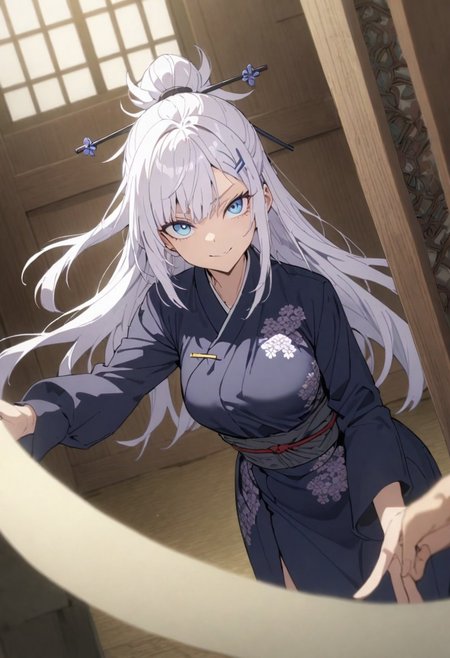score_9, score_8_up, score_7_up, score_6_up, masterpiece, best quality, absurdres, cinematic, dynamic angle, perfect composition, solo, 1girl, medium breast, gojo satoru, blue eyes, white hair, long hair, hairpin, hanbok, long sleeves, flower pattern, Korean palace, smirk, standing, looking at viewer,
