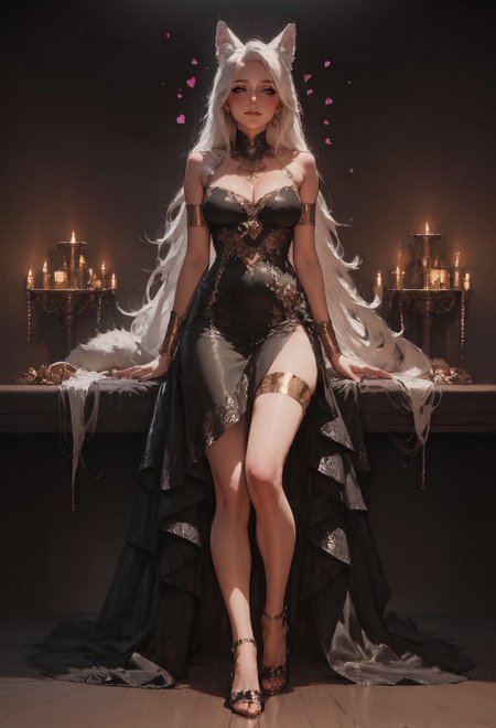 score_9, score_8_up, score_7_up,  realistic, 1girl, (solo:1.1), woman, wolf girl, golden bands, blushing, black hearts, cowboy shot, white hair, blush, black theme, full body, high heels, black skirt  <lora:pony/twilight_style:0.8> <lora:pony/expressiveh:0.8> expressiveh <lora:sdxl/princess_xl_v2:0.7> <lora:sdxl/sinfully_stylish_sdxl>