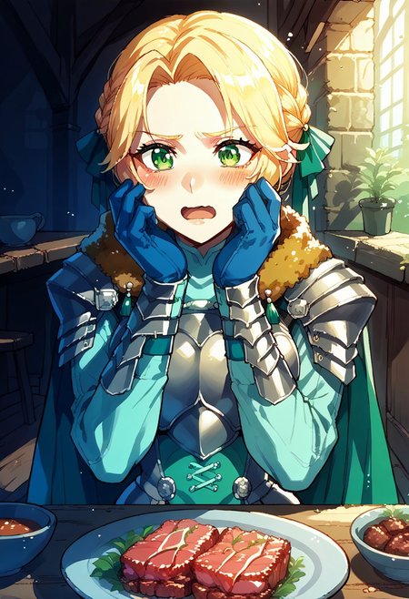 masterpiece,best quality,score_9,score_8_up,score_7_up,score_6_up, source_anime, 1girl,BREAK <lora:ingrid-pdxl-nvwls-v1-000007:0.9> waringrid, short hair, hair ribbons,(anguish,blush,open mouth,open mouth wide,wavy mouth,looking at object),(sparkling eyes,spoken exclamation mark:0.5),(shoulder armor, armor, breastplate, underbust, green coat, fur trim, vambraces, blue gloves, green cape ),(pov,upper body,pov across table,pov dating),(sitting on chair,hands on own face,hands on own cheek),(CONCEPT_PovDating_ownwaifu),(indoor,1long table,dishes,chair,medieval, Medieval tavern),(food focus,meat dishes)