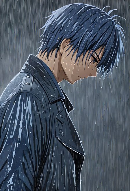 high resolution, solo, best quality, 1Boy, Tomoya Okazaki, Grey Blue Hair, heavy rain, night, looking down, sad, leather jacket, looking away, wet, wet hair, OverallDetail
