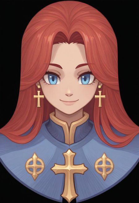 (Black background) <lora:afkArenaIllustrious:1>
afkArenaStyle, 1girl, female, solo, portrait, female focus, red hair, blue eyes, long hair, light skin, smile, looking at viewer, beautiful, blue cloak with gold trimming, cross earrings
Ragnarok online character
ROSPRITE