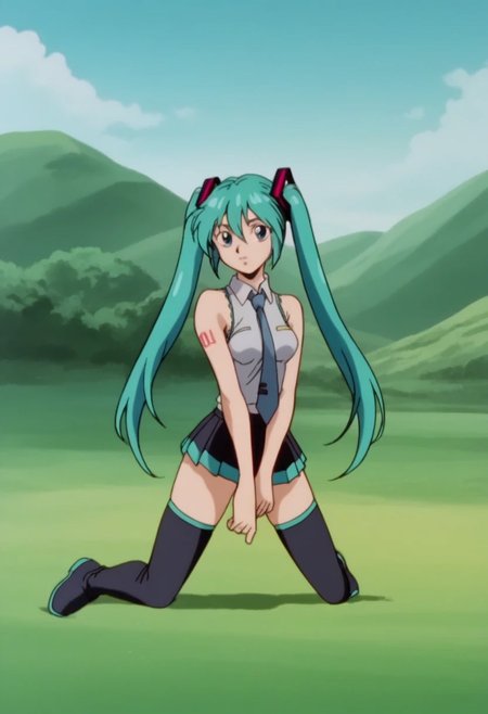 score_8, score_8_up, score_7_up, AWGXS, anime screenshot, retro artstyle,1990s (style), cel animation BREAK  1girl, female focus, solo, hatsune miku, medium breasts, twintails,necktie, collared shirt, sleeveless, detached sleeves, tattoo, aqua hair, skirt, pleated skirt, thighs, thighhighs, v, looking at viewer, outdoors, scenery,