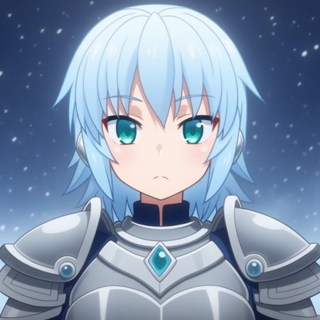 mana_sk style, portrait, focus on face, a stoic ice warrior girl with shoulder-length icy blue hair and frosty teal eyes, wearing fur-lined armor with frost-covered edges, a calm yet intense expression as cold mist swirls around her, faint snowflakes drifting through the air, Japanese RPG style, frigid and majestic atmosphere, intricate details on her armor and frosted textures