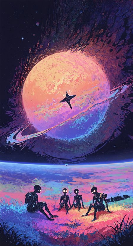 masterpiece, best quality, good quality, very awa, newest, highres, absurdres,  sitting, no humans, glowing, grass, robot, star \(sky\), science fiction, antennae, space, multiple others, planet, colorful, spacecraft, abstract, ufo, 3others, limited palette, sketch, glowing, psychedelic, <lora:illustriousXL_stabilizer_v1.23:0.3> <lora:NOOB_vp1_detailer_by_volnovik_v1:0.3> <lora:ponyv6_noobE11_2_adamW-000017:0.3> <lora:114558v4df2fsdf5:1> <lora:mon_monmon2133:0.6>