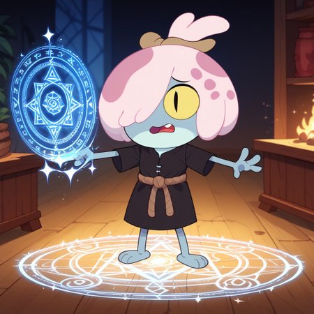 score_9, score_8_up, score_7_up, score_6_up, score_5_up, score_4_up,show accurate, perfect anatomy, perfect hands,
four fingers per hand and two toes per foot. light pink hair with dark pink spots,hair covering one eye, yellow eyes with black, slit pupils  , summing circle,  black sack dress with a brown rope for a belt, magic room, magic circle,noodle arms, noodle legs,