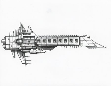 pencil sketch,side view,profile view,simple background,an impstarship cruiser,  <lora:Imperial_Navy_-_Warhammer_40000_SDXL:0.85>,blocky,rectangular,metal honeycomb,monochrome,tall,solo