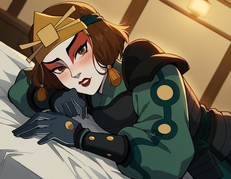 score_9, score_8_up, score_7_up, source_anime, <lora:suki-book2-ponyxl-lora-nochekaiser:1>, suki, short hair, brown hair, brown eyes, makeup, lipstick,, gloves, armor, breastplate, hair ornament, gloves,, indoors, bed, bed room, on side, blush, drunk, looking at viewer, solo, cowboy shot, dutch angle