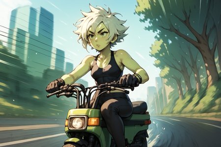 motocompo, riding motocompo
 peridot,,
small woman large chest, short tomboy hair, wearing tight yoga, pants, standing <lora:Motocompo:1>
driving to the right <lora:RD-MAnon-XLV1.1:1>, , source_anime, score_9_up, score_7_up, score_8_up
