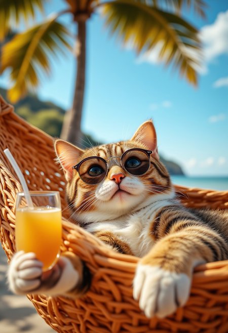 Cat in a hammock, sunglasses on, tiny cocktail in paw, relaxing under a palm tree
,aidmafluxproultra, aidmaHyperrealism, aidmaMJ6.1