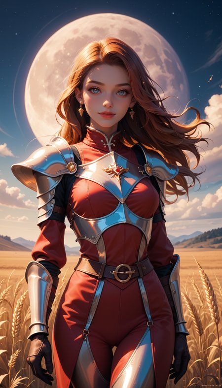 score_9, score_8_up, score_7_up, Cowboy Shot, girl, knight, cute, seductive, innocent, light smile:0.3, plump lips, slender body, long hair, red leather armor, sorrowful expression, faded elegance, full moon night, poignant atmosphere, lost beauty, melancholic aura, hauntingly captivating, timeless grief, stark contrast, delicate decay, line art, backlighting, wind, wind:1.2, knight, orange, wheat field background, 4n1v3rs3, depth of field, dynamic angle, fashion photography, sharp, hyperdetailed:1.15