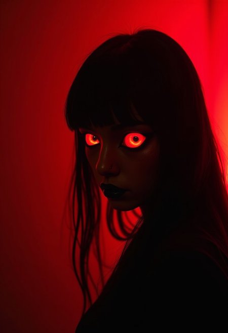 Audrey Kawasaki style, dark scarlet, Chemiluminescence, demon in the dark with crazy eyes, nasty, (minimalism 1), Audrey Kawasaki style ray tracing details. hyper realistic, 16k resolution. (masterpiece, award winning work of art) lots of detail, extremely detailed, full of detail.