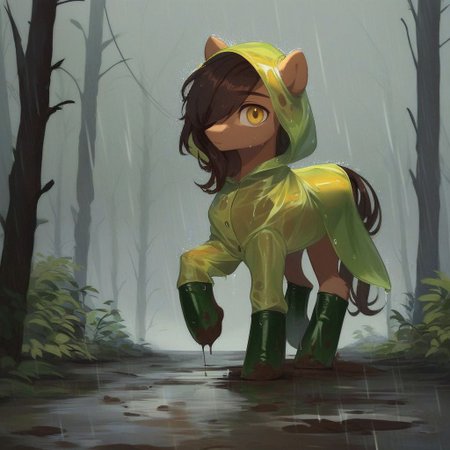 score_9, score_8_up, score_7_up, score_6_up, score_5_up, score_4_up, feral pony, pony, stallion, male pony, 1 boy, solo, earth pony, feral, golden yellow fur, long dark brown mane, long hair,  sideswept bangs, one eye covered, long dark brown tail, lanky, fluffy, yellow eyes, green raincoat, long raincoat, hood, hood up, ears covered by hood, green rubber boots, heavy rain, downpour, overcast, forest, path, mud, walking, side view, looking at viewer, wet, dripping, summer