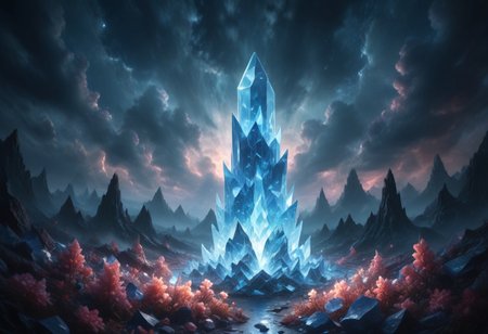 (8k landscape photography:1.2) an massive shiny blue crystal glass tower in an ethereal hell landscape surrounded by (glowing:1.1) flower crystals, a dark cloudy sky