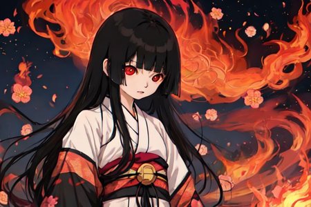 enma_ai, girl1, bangs, black hair, long hair, kimono sakura, fire hell, village japanese, night