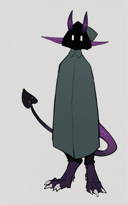score_9, score_8_up, score_7_up,((best quality)), absurdres, ((full body)), <lora:BolivanteStyle:0.8>,  <lora:MPXL:0.8>, MPXL, MPXL, horns, pointy ears, purple skin, cloak, green cloak, horns through hood, hood, hoodie, faceless, ears through hood, white eyes,claws, tail, demon tail