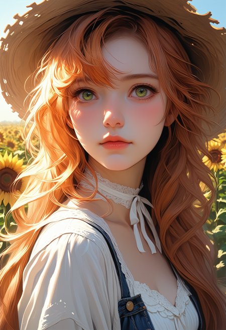 ASCII, photorealistic, OLED, score_9, score_8_up, score_7_up, score_6_up, 1girl, green eyes, copper hair, bangs, strands of hair falling over the face, long hair, straw hat with sunflower, ((close up, standing)), medium breasts, simple grey background <lora:SnowFoxeij-000006:0.4>, white ribbon choker, looking to viewer, cute face, blue dungarees, jeans dungaree