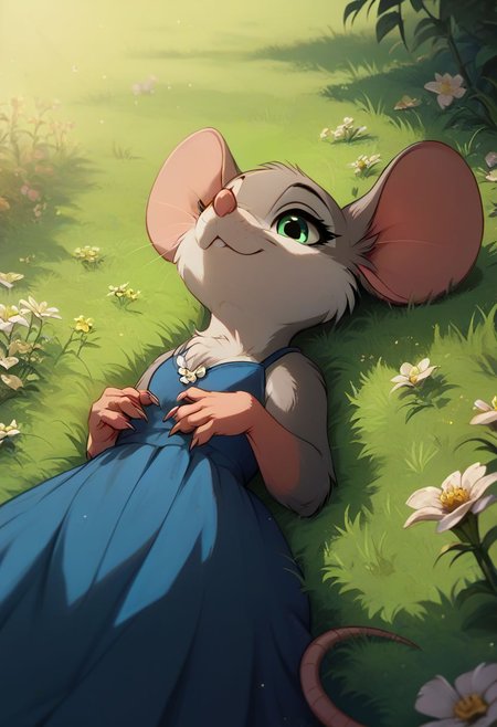 score_9, score_8_up, score_8, solo, (fluffy:0.8), (feral), furry, (((mouse))), woman, green eyes, (gray fur:1.2), claws, (fluffy cheeks:0.7), laying back, j_cartoon, close-up, low angle view, aesthetic, dramatic angle, (blue dress), grass, flowers, (smile:0.5)