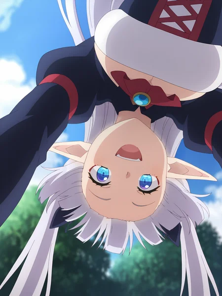 <lora:Rurushi_Ru:0.8>, rurushi_ru, 1girl, solo, blue eyes, red eyeshadow, pointy ears, long hair, grey hair, twintails, blunt bangs, hair bow, red ribbon, gem, puffy sleeves, long sleeves, red trim, cleavage cutout, underbust, corset, happy, :d, looking at viewer, standing, leaning forward, upper body, upside-down, from below, outdoors, sky, pov, cloud, depth of field, tree, blurry background, day