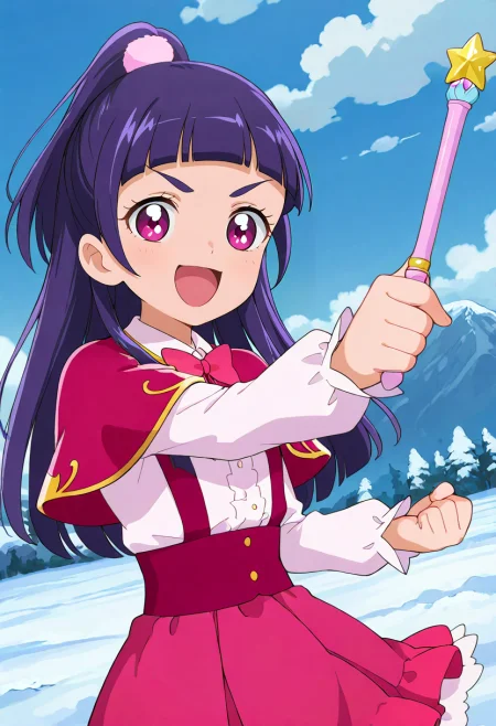 masterpiece, best quality, absurdres, very aesthetic, general,
izayoi liko, magic school uniform, mgcschl uniform, 1girl, purple hair, solo, long hair, open mouth, smile, :d, long sleeves, shiny hair, cloud, outdoors, school uniform, pink skirt, day, purple eyes, mountain, wand, looking at viewer, blunt bangs, blue sky, eyelashes, hair ornament, white shirt, upper body, pink eyes, half updo, red neckwear, standing, pleated skirt, ponytail, snow, tongue, capelet, holding wand, cowboy shot, collared shirt, hair bobbles, floating hair, mountainous horizon, bright pupils, pink neckwear, cloudy sky, pink dress, fighting stance, anime coloring, suspender skirt, white pupils, happy, high ponytail, magic, arm warmers, buttons, wing collar, bowtie, red skirt, thick eyebrows, clenched hand, outstretched arm, sidelocks, red bow, tied hair, high-waist skirt, purple skirt, puffy sleeves, dress shirt, eyebrows visible through hair, star wand, pink capelet, red capelet, one side up, v-shaped eyebrows, pink bow, pom pom hair ornament
<lora:cure_magical_izayoi_liko_illustXL_locon_v1:0.7>