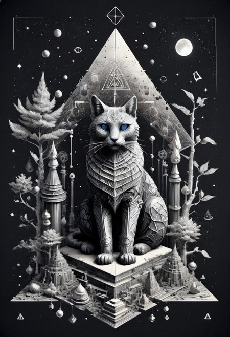 a drawing of Lunar Anubis, cat performing alchemy of etheral symbol quintessence, (one paw raised showing the eye of chemigram:1.1 eye of hamesh (with rays coming out of it), OverallDetail forging cluster astral keys.<lora:UFO_Alchemy_sdxl:1.0>,( <lora:symmetrical:1.5> (negative space tetrahedal trees ((revelation of method,PStyl3 )), <lora:Maximalist_Drawing_BW:0.2>)), (map QuinnMora, HaroldFiskMeander background:1.4), framesmade of checkerboard layer, , no human, ((sigil of pyramid, sigil of great power, frames cube FancyTurning:1.5), (three planes) X Y Z in occult space