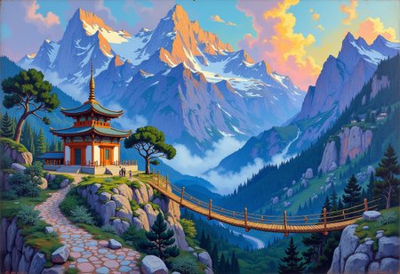 m0d3rn1mpr,
i11ustmin Illustration,
A majestic landscape depicting high snow-capped mountains. In the valleys between the mountains, the forest is covered with fog. Inaccessible ancient oriental temples are located on the slopes of the mountains. The temples are connected by wooden suspension bridges. The temples are covered with colorful exotic paintings. Blue sky with hints of pink and orange on delicate clouds. The forest in the valleys is dark and mysterious. A bizarre surreal landscape in the style of modern impressionism. A magical place.