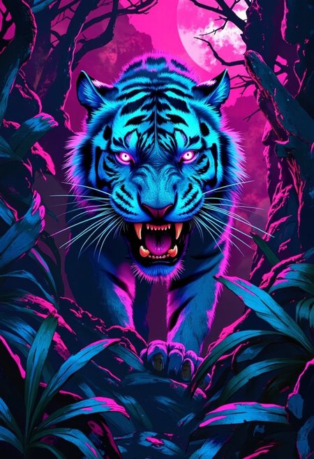 A fierce tiger prowling through a neon blue jungle, set against a deep crimson sky, with blue light reflecting on its striped fur,     highly detailed,gold,silver, bo-neon, ArcaneFGTNR