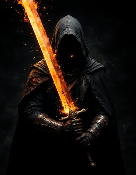 close up, A hooded figure holding a glowing orange big sword, dynamic splashes of black and orange suggesting movement against a stark black background, creating a dramatic and mysterious scene with the bright sword and fiery accents standing out vividly, <lora:- Flux1 - soothing_atmo_V2.0:0.5>, <lora:aidmaMJ6.1:0.8>, <lora:Elden_Ring_-_Yoshitaka_Amano:0.5>