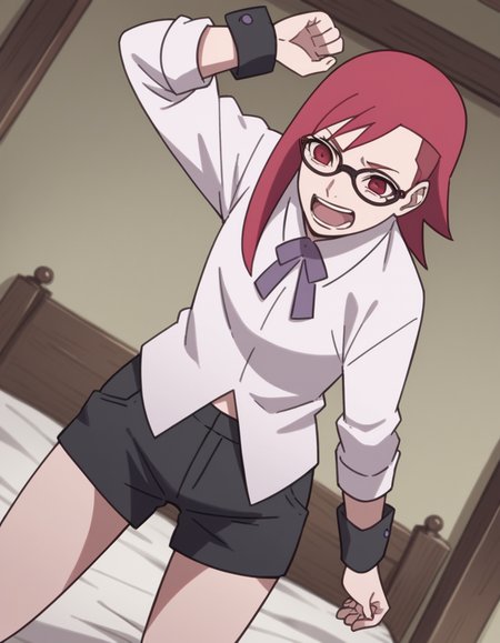 score_9, score_8_up, score_7_up, source_anime, <lora:karin-uzumaki-boruto-anime-ponyxl-lora-nochekaiser_r1:1>, karin uzumaki, red eyes, red hair, glasses,, shirt, shorts, wrist cuffs, black shorts, long sleeves,, bedroom, alarm clock, morning routine, yawning, stretching, on bed,, smile, , hand with fingers spread out, solo,, cowboy shot, dutch angle