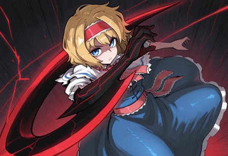 best quality, high quality, hires, 
1girl, solo, alice margatroid,
bois de justice, arm blade,
looking at viewer, dynamic pose,