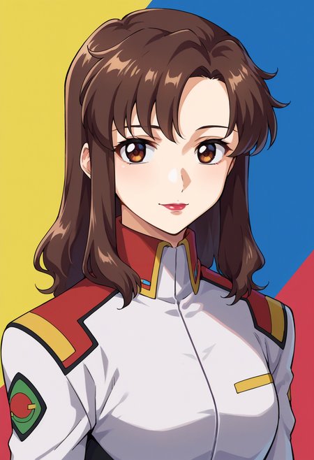 score_9,score_8_up,score_7_up,score_6_up,score_5_up,score_4_up,anime coloring BREAK source_anime,<lora:Murrue_Ramius_Gundam_SEED_Pony:0.7>,murrue,1girl,solo,brown eyes,brown hair,long hair,lipstick,s1jacket,multicolored background,portrait,upper body,looking at viewer,