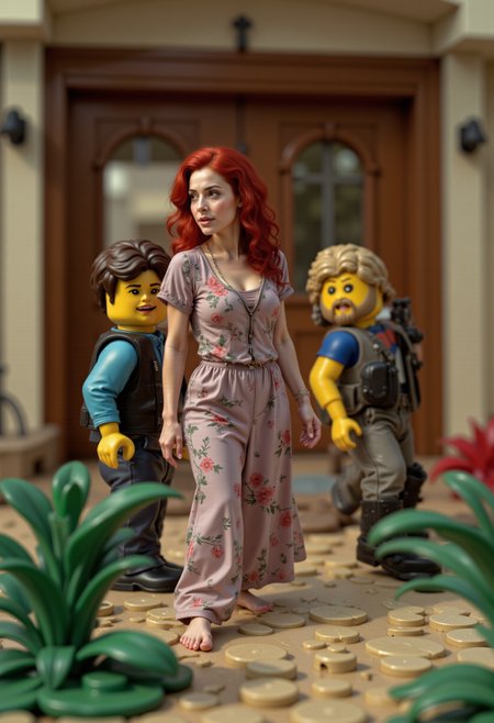 raw photo, a gorgeous miniature redhead woman in a dress posing with some lego people in a lego house