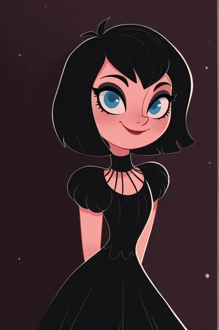 masterpiece, best quality, absurdres, 
 <lora:MSMLN-IL:0.8> msmln,
mavis dracula, 
black hair, blue eyes, black eyeshadow, short hair, smile, looking at viewer, 
black dress, hands behind back,