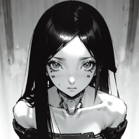 (masterpiece, best quality), bust, face, look at viewer, from above, city background,
1girl, long black hair, straight hair, (hime cut), (show collarbone), cyborg, student,
((black and white)), <lora:Blame!:1.2>