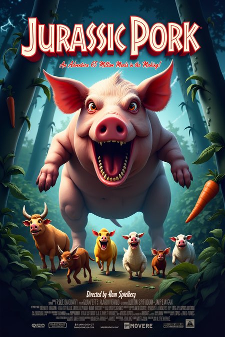 
A movie poster parody titled "Jurassic Pork," featuring a massive, menacing pig towering over a dense jungle landscape. The pig, with its tusks sharpened and snout flaring, is depicted in a dramatic stance, roaring with all the ferocity of a T-Rex. Its thick, pink hide is dotted with scars, and its beady eyes glow with a fierce determination, making it both hilarious and intimidating.

In the foreground, a group of frightened, cartoonish farm animals—cows, chickens, and sheep—are running for their lives, their expressions exaggerated with terror. The title "Jurassic Pork" is boldly displayed at the top in the iconic Jurassic Park font, with the tagline below: "An Adventure 65 Million Meals in the Making."

The background features a jungle with towering trees and thick vines, but with a twist—some of the foliage is made of oversized vegetables, like giant carrots and cabbages, adding to the absurdity. The sky is stormy, with flashes of lightning illuminating the pig's silhouette, creating a dramatic, action-packed vibe.

At the bottom of the poster, the credits are listed in the traditional movie poster style, but with playful names like "Directed by Ham Spielberg" and "Produced by Bacon Studios." The overall design plays on the iconic imagery of "Jurassic Park," but with a humorous twist that turns the terrifying dinosaur adventure into a riotous farmyard escapade.