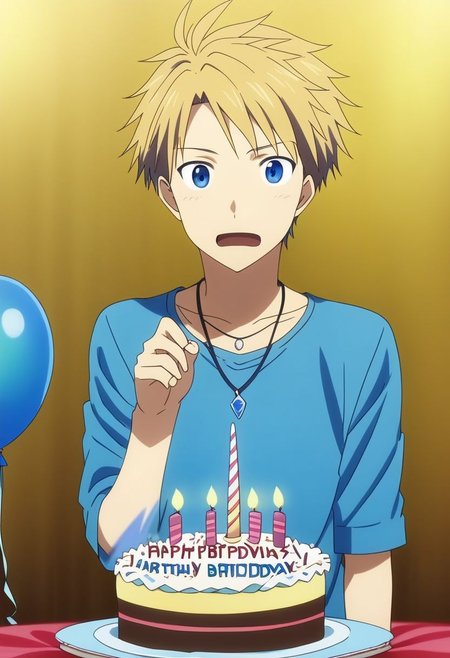 high resolution, solo, best quality, 1Boy, Yamato Ishida, Blond Hair, Blue Eyes, Necklace, surprisde, birthday surprise, birthday cake, birthday party, OverallDetail
