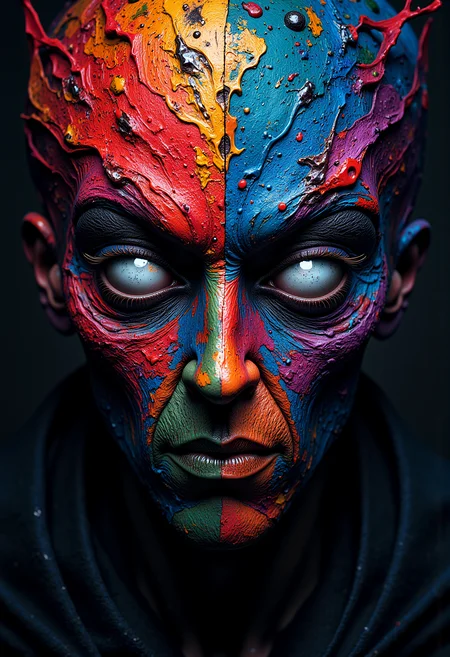 Symmetry, A face with soulless eyes, slit for a nose, no mouth, species, splash with colors, mysterious, ancient, evil, luminescent