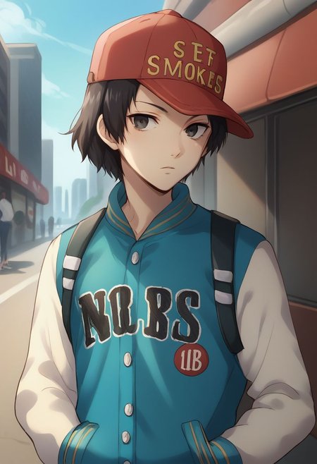 score_9, score_8_up, source_anime, highly detailed, 1boy, solo
shinya, 1boy, hat, solo, baseball cap, jacket, black hair, hands in pockets, black eyes, short hair, upper body, letterman jacket, red headwear, 
outdoor, city, street,