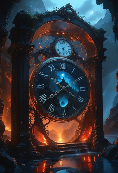 top- down, fantastical and surreal scene, closeup inside of an enormous digital pocket_clock standing upright with its cover open revealing a magical portal, portal inside the clock, Through the portal is a breathtaking landscape unfolds, towering mountains, a cascading volcano, a steaming river winding through a burned forests, The edges of the pocket_clock are adorned with intricate glowing runes and vines, the clock resting on obsidian floor, mystical touch, illuminated by a crescent moon and twinkling stars, dreamlike and otherworldly atmosphere, sense of adventure and wonder, ((red-blue, artifact,
<lora:aidmaMTG-CardsXL-v0.1:1> ,mtg, mtg card)), view from above, 
(score_9, score_8_up:1.1), score_7_up, a fine color ink lineart sketch, (reflective volumetric), raytracing, absurdres, dark, low-key,