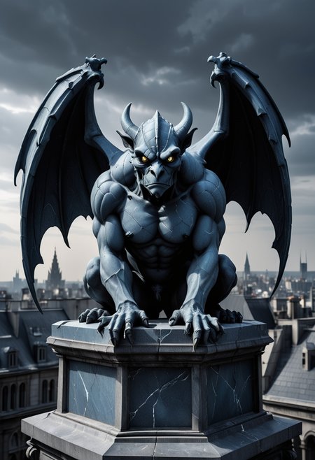 (medium full shot) of (gothic marble blue cracked stone gargoyle) with wingless body, gray eyes, curved horns, armored plates, set in  a grand city rooftop, with majestic spires, glimmering lights, a sense of wonder , ,Masterpiece,best quality, raw photo, realistic, very aesthetic, dark
