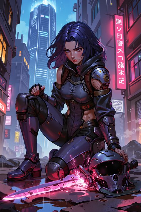 xrstyle,Deep within the neon-lit alleys of a cybernetic megacity, a warrior woman with midnight-blue hair and luminescent violet eyes kneels beside her shattered helmet. Her sleek, battle-worn exo-suit hums faintly as its damaged circuits struggle to repair, the once-pristine nanofiber plating now scorched and riddled with bullet holes. Neon rain drips down her scarred, caramel-toned skin, mixing with the oil and blood staining the concrete beneath her. Above, colossal holographic deities flicker across the skyline, their synthetic voices whispering corporate commandments to the masses. A shattered cybernetic katana lies at her feet, its broken blade still sparking with unstable energy as a warning siren wails in the distance. The towering, monolithic skyscrapers of the city loom behind her, their electric veins pulsing like the lifeblood of an artificial god. Her breath is ragged, but her glare is fierce, defiant, unbrokenâthe hunter has become the hunted, but she is far from defeated. As she clenches her fists, the remaining shards of her blade begin to levitate, drawn back together by the raw, unchained power surging through her veins. , detailed background  Fantastic lighting. Detailed shadows.intricate details, vivid colors, hyper-detailed, ultra-sharp, , <lora:XRSTYLE_FLUX:0.7><lora:RetroAnimeFluxV1:0.4><lora:MoriiMee_Gothic_Niji_Style_FLUX:0.3>
