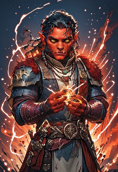 ((zPDXL3)), ((masterpiece,best quality, highly detailed)), ((score_9)), score_8_up, score_7_up, score_6_up, score_5_up, score_4_up, Digital painting style, brushstrokes, ((EnhanceImage)), solo, 1boy, Hobgoblin, red skin, yellow eyes, fangs, big nose, mutton chops, black hair, armor, pauldrons, belt, necklace, muscular,
Expressiveh, 30yo, 
chinese magical sorceress, animated, swirling magic, wisps of magic, magical accessories, evoking motion, conveying motion, dynamic splash art, ((handfixer)), four fingers, one thumb, 
<lora:PainterlyFantasiaPDXL:0.6>,