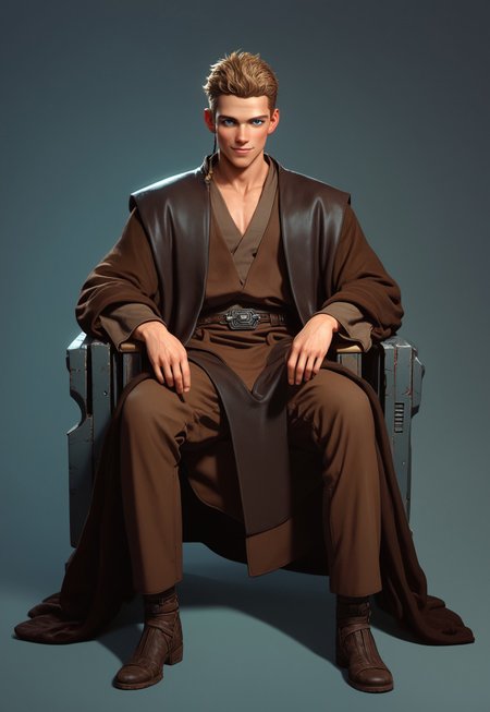 score_9,score_8_up,score_7_up,score_6_up, 1boy, boy,(handsome, cute) solo, blue eyes, blond hair, sitting on chair, smug,, very short hair,(muscular body:0.7)), Sci-fi Environments, Sci-fi chair, jedi robe, 1boy, male focus, full body,  jedi robe, belt, brown clothes, robe, coat, Coruscant