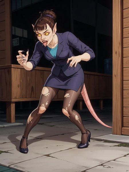 core_9, score_8_up, score_7_up,  high quality, 1girl, solo, <lora:100_ratrot_pdxl:1>  ratrot,  brunette hair, bangs, hair up, bun, business woman, pantsuit, pantyhose, rat tail, stalking hunched over,rr_nose, rr_teeth, rr_pointed_ears, bad skin, hairy, warty, legs apart, knees bent, back bend, (no humans), transformation,  torn dress, furrowed brow, narrow eyes, open mouth, glowing eyes, evil, tongue out, drooling, sharp nails pouncing, attacking viewer