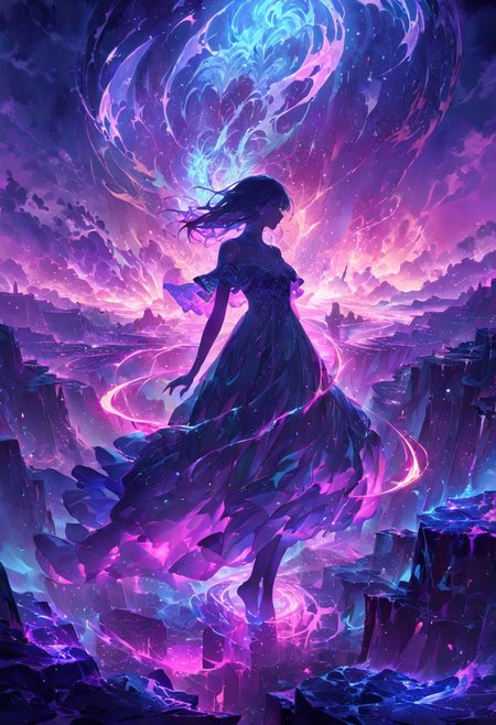 serene night, beautiful sky, dancing silhouette, Complex landscape, best quality, pastel colors, light blue tint, aesthetic Ethereal, Effulgent, Idyllic atmosphere,  Tranquil,  ethereal quality, cinematic volume, Twinkling lighting, glowing aura, global illumination,  glowneon, Anisotropic Filtering, Unrivaled Opus, Unconventional, hyper detailed, HDR,