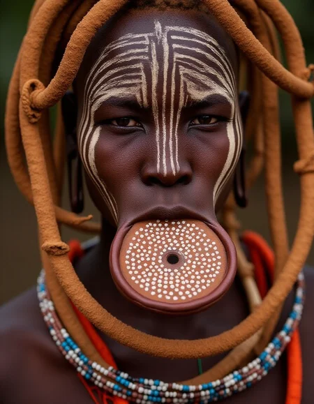 a Murs1 woman, with deep brown skin adorned with ritual scarification patterns across her cheeks and forehead, symbolizing her cultural heritage. She wears an iconic large clay lip plate (dhebi a tugoin), exquisitely decorated with intricate hand-painted patterns. Her earlobes are stretched and hold traditional wooden or clay plugs. Around her neck, she is adorned with layers of colorful beaded necklaces, each bead resonating with Mursi symbolism. Her hair is styled in short twists coated in natural clay and colored with earthy ochre tones. The emotion in her gaze reflects pride, resilience, and dignity, characteristic of her culture. Highly detailed, photorealistic textures emphasizing her parures, scarifications, and natural beauty.
 <lora:mursi:1>